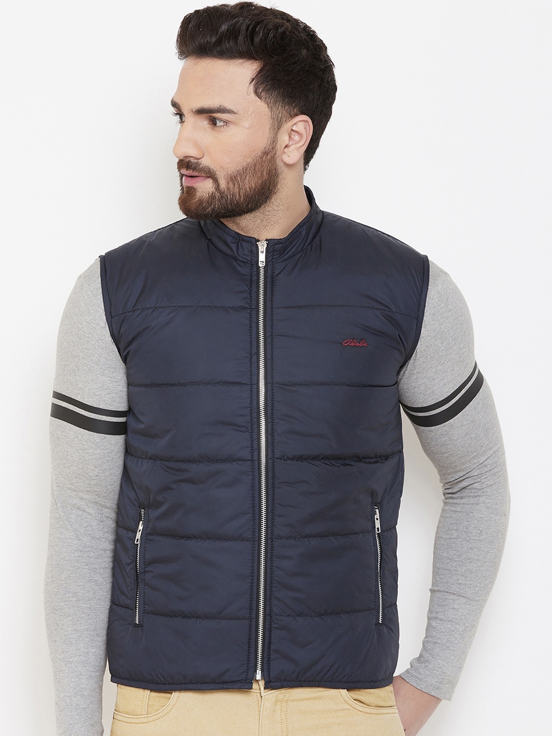 

Adobe Men Navy Blue Solid Padded Jacket