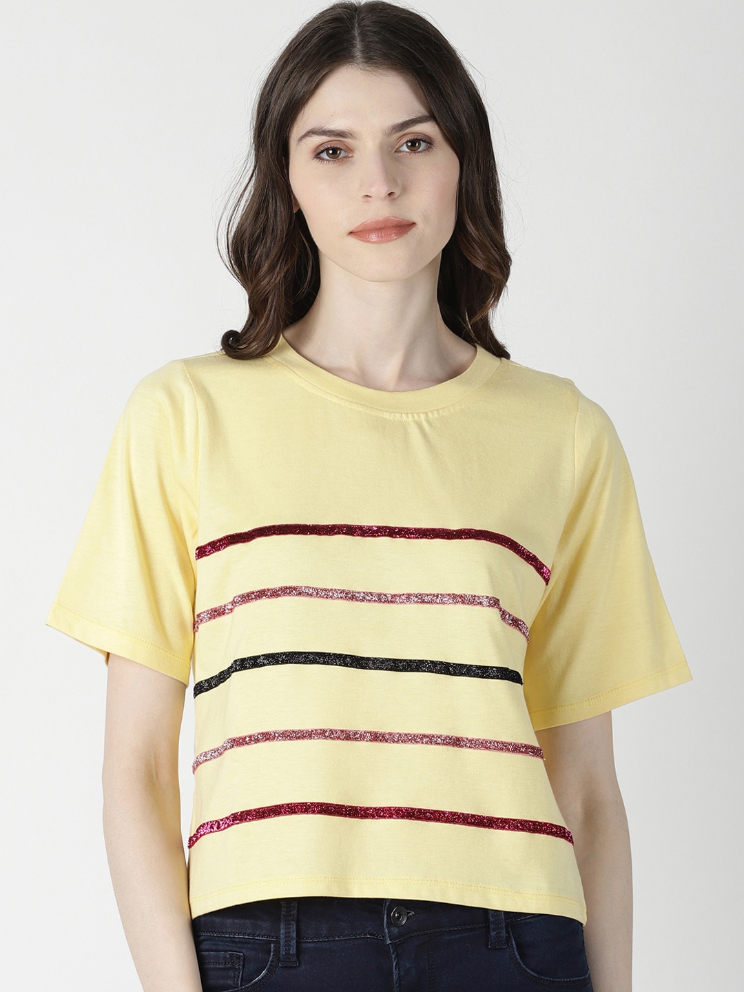 

AARA Women Yellow Striped Top