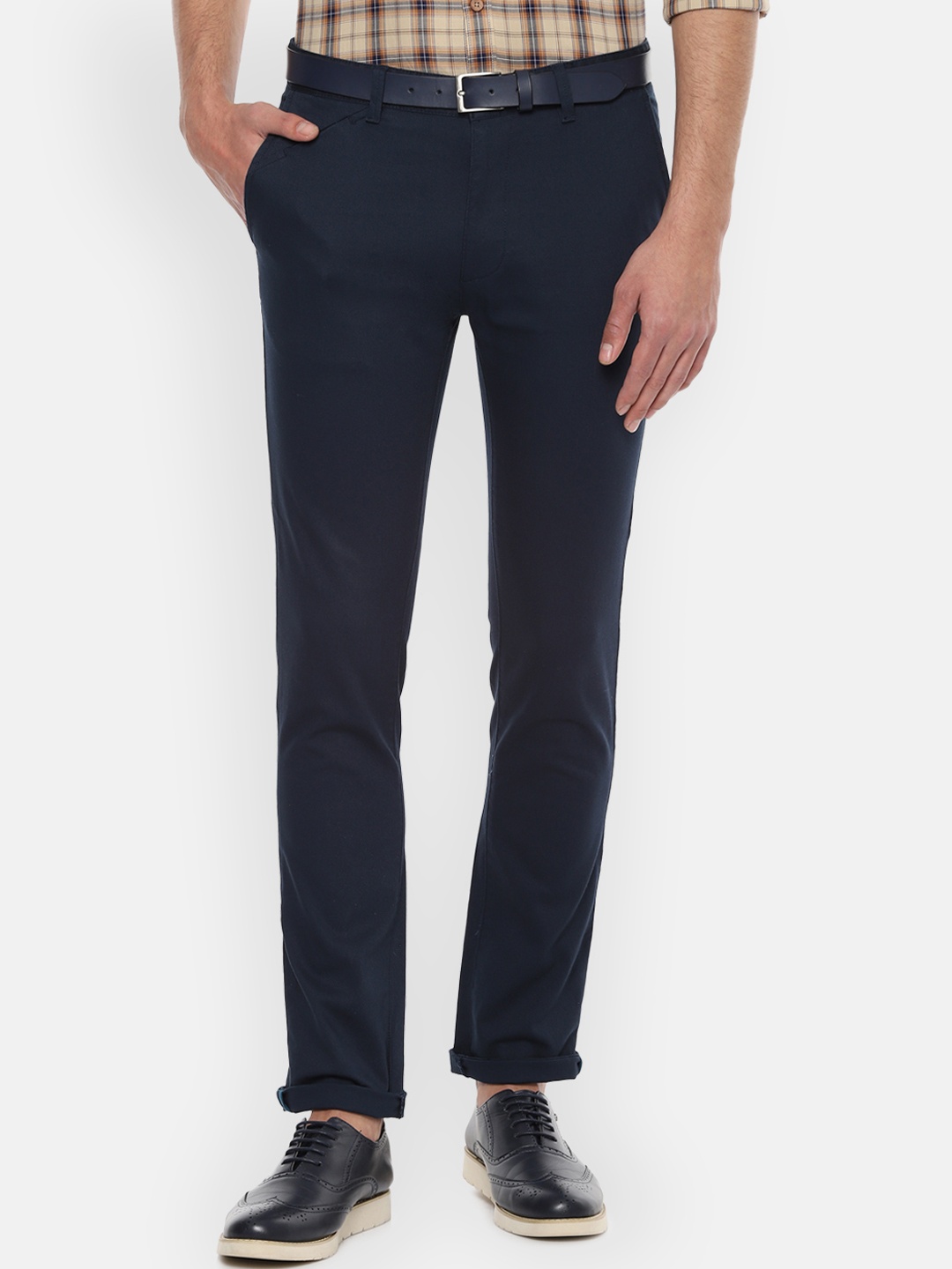 V Dot Men Navy Blue Slim Fit Solid Regular Trousers