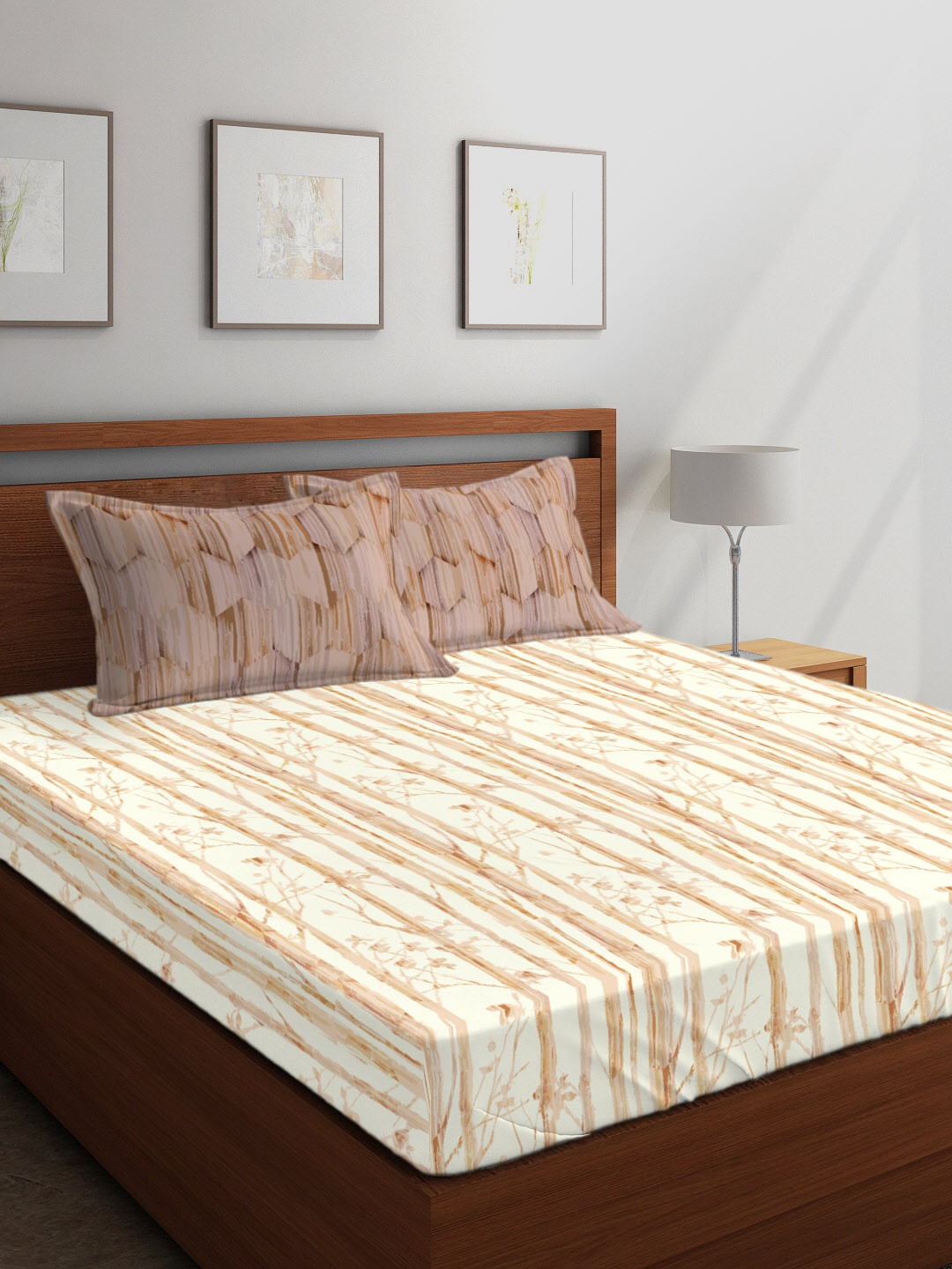 

Boutique Living India Off-White & Camel Brown Floral 300 TC Cotton 1 King Bedsheet with 2 Pillow Covers