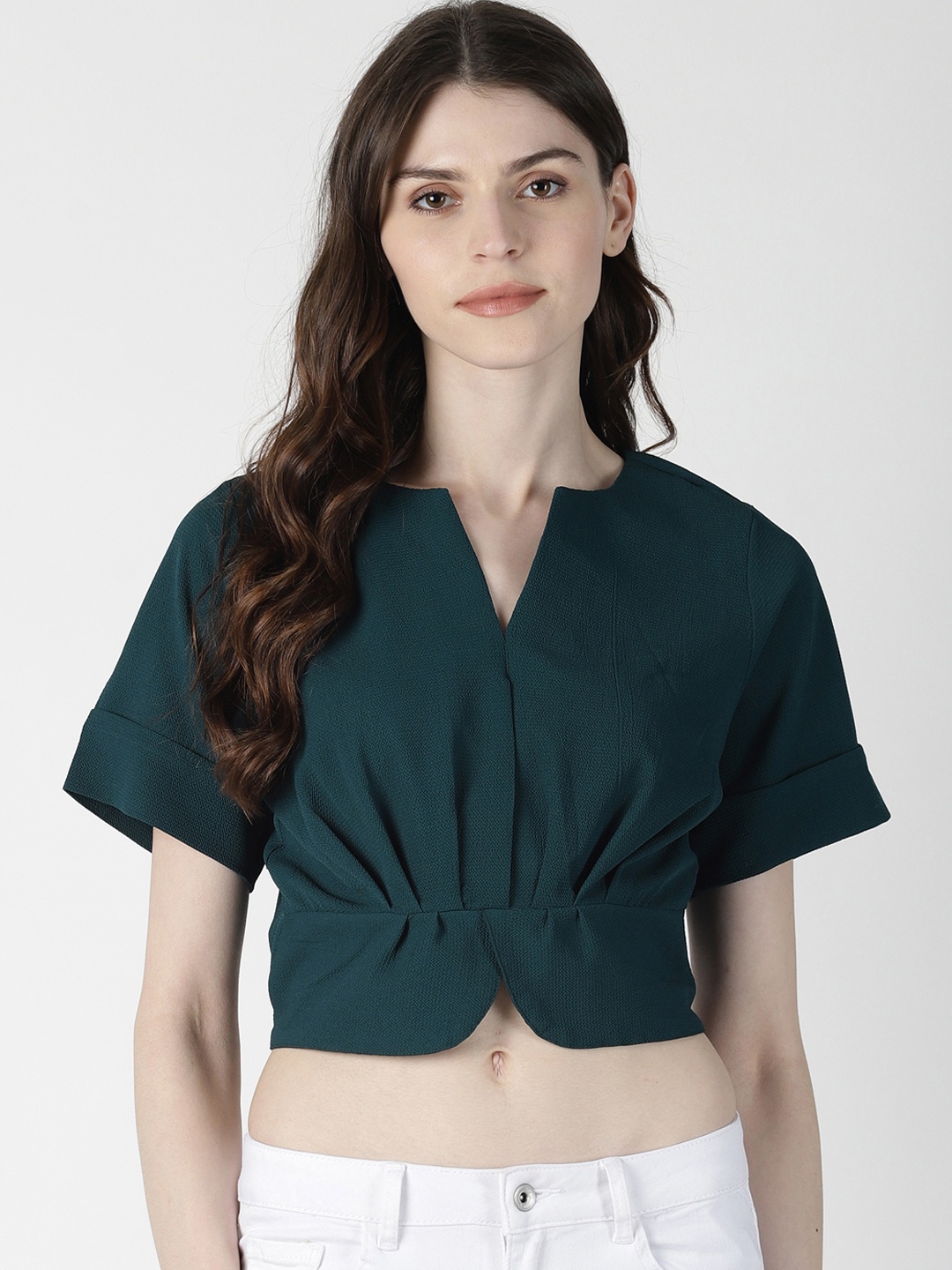 

AARA Women Green Solid Cinched Waist Top
