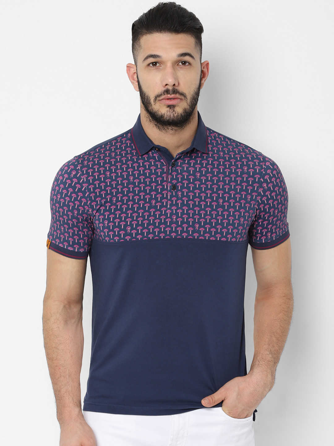

SIMON CARTER LONDON Men Navy Blue Printed Polo Collar Pure Cotton T-shirt