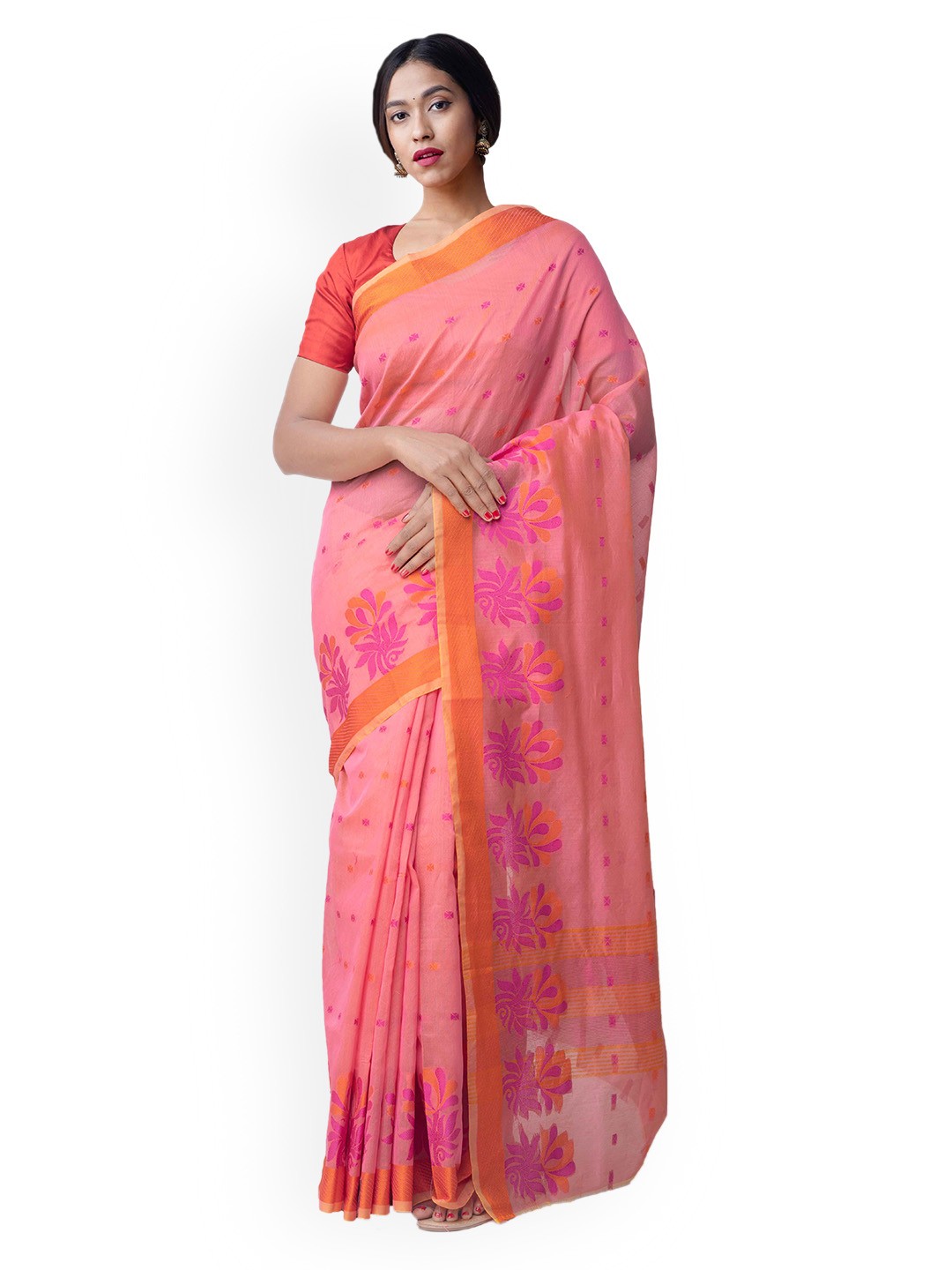 

Unnati Silks Peach-Coloured & Pink Silk Cotton Printed Saree