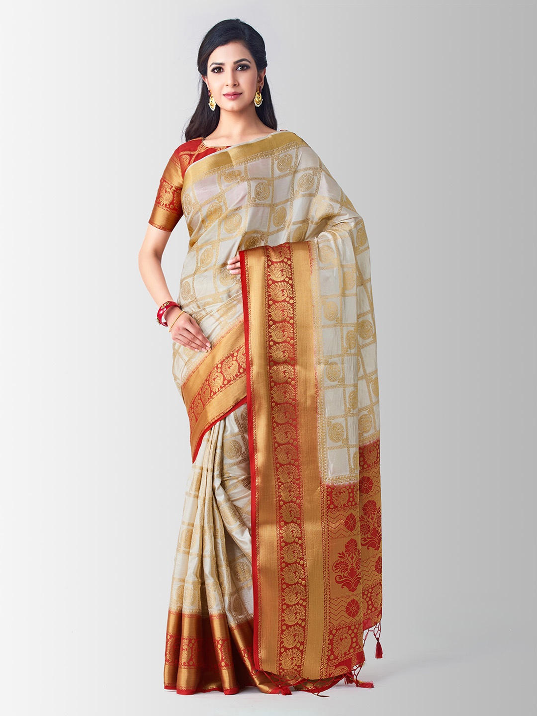 

Mitera Off-White & Gold-Coloured Art Silk Embellished Kanjeevaram Saree