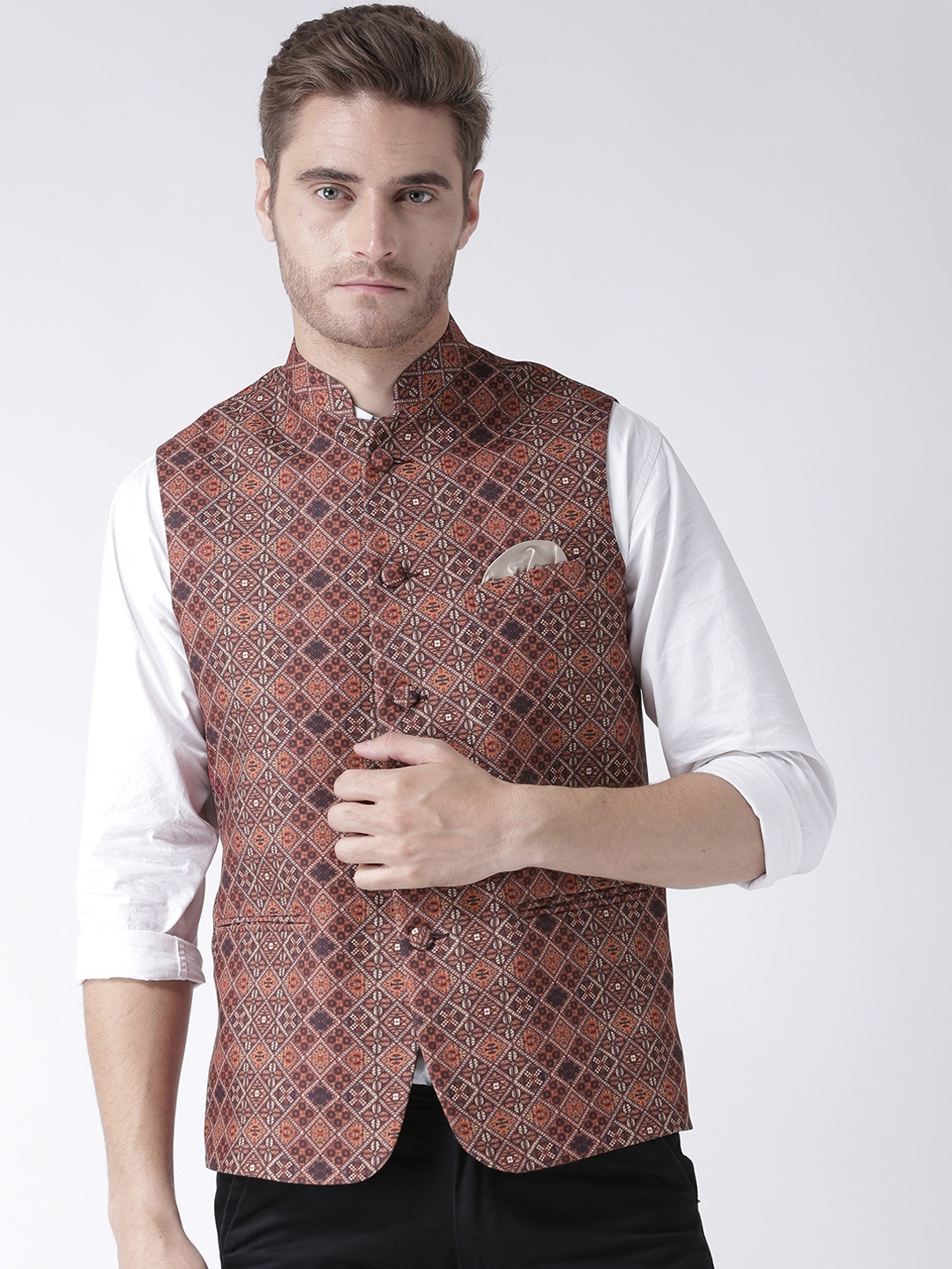 

Hangup Men Brown Printed Festive Nehru Jacket