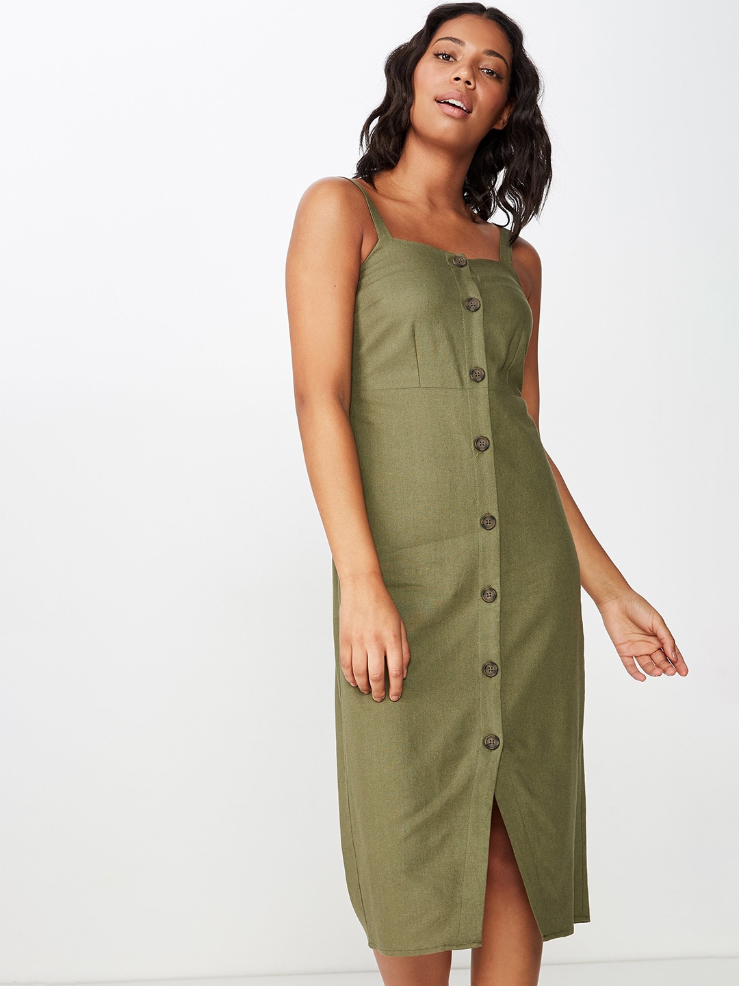 

COTTON ON Women Olive Green Solid Sheath Dress with Smocking Detail