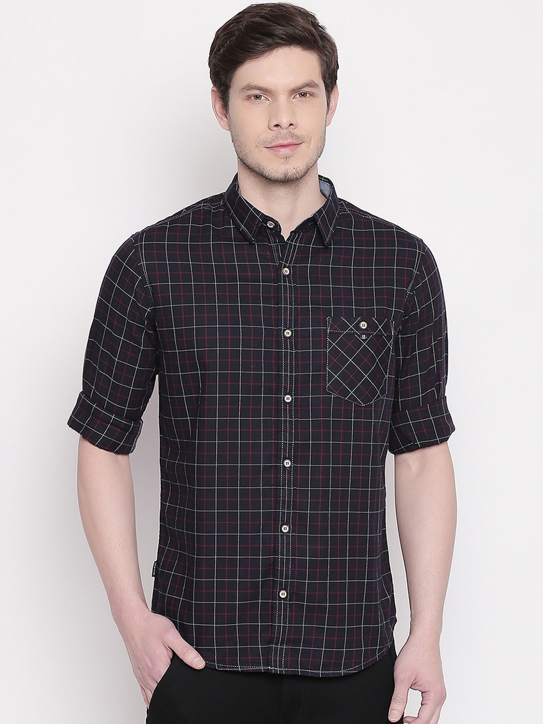 

Mufti Men Navy Blue Slim Fit Checked Casual Shirt