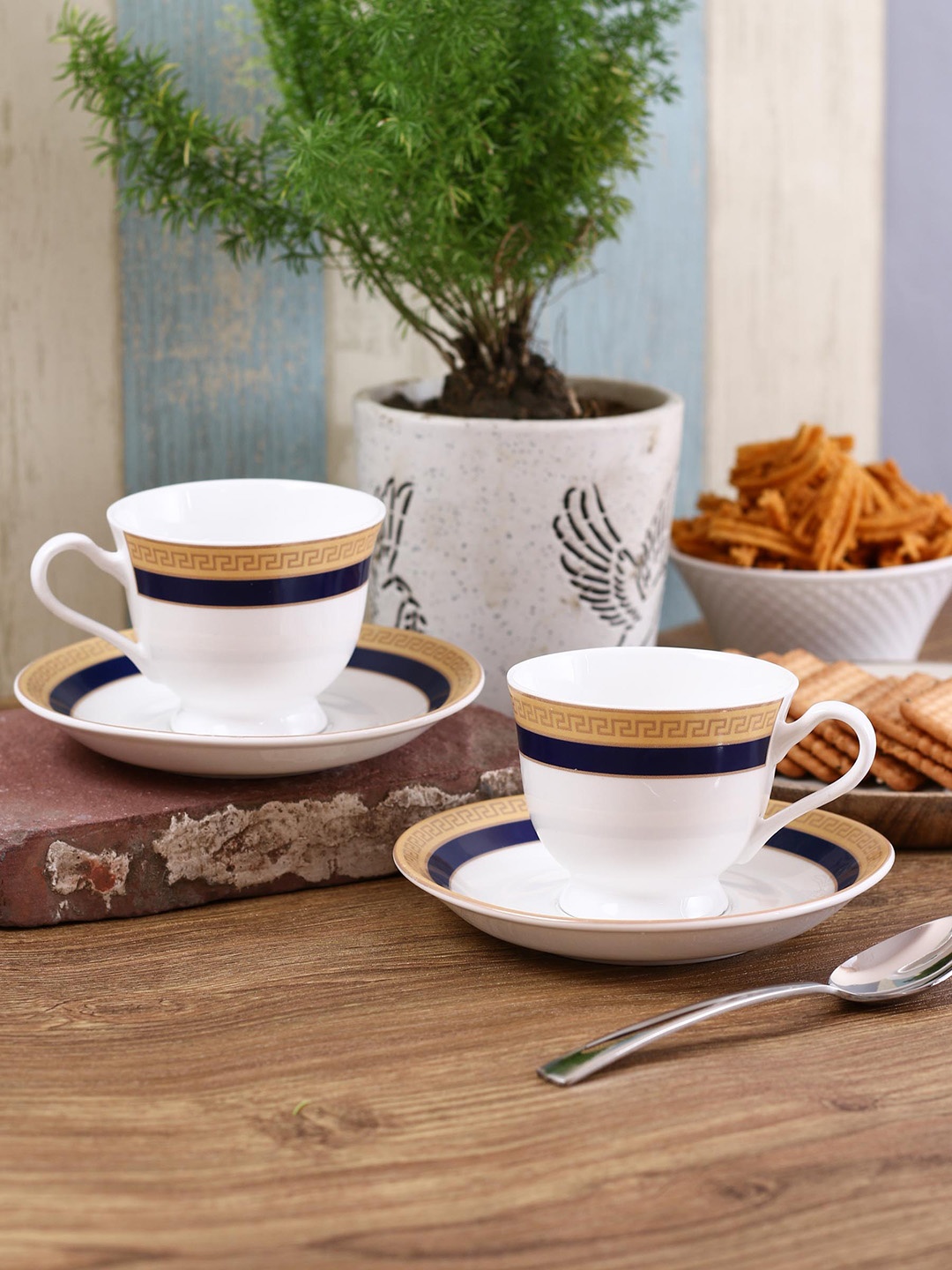 

CLAY CRAFT Set of 6 White & Beige Printed Bone China Cups and Saucers Set