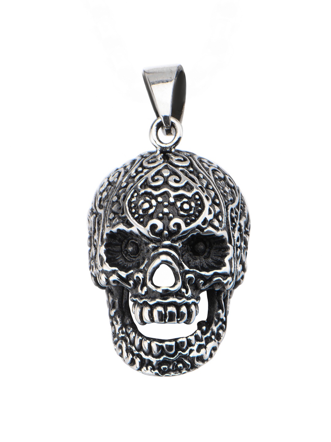 

Inox Jewelry Women Silver-Toned Oxidised Engraved Flower Eye Skull Pendant