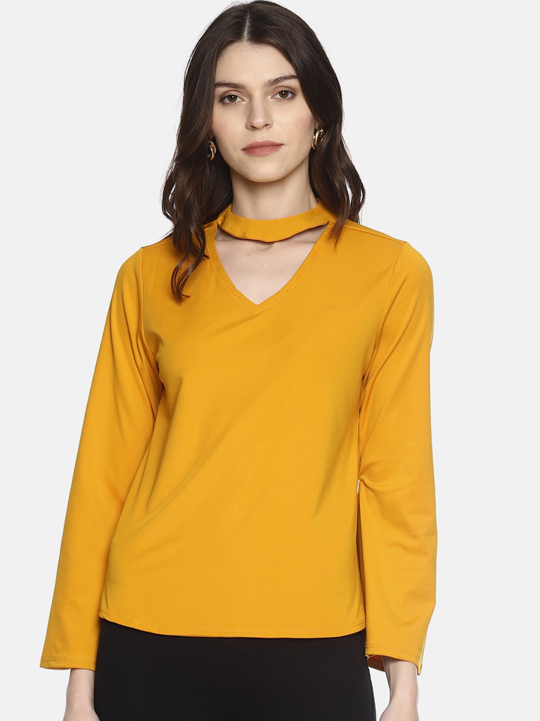 

AARA Women Mustard Yellow Solid Choker Neck Top