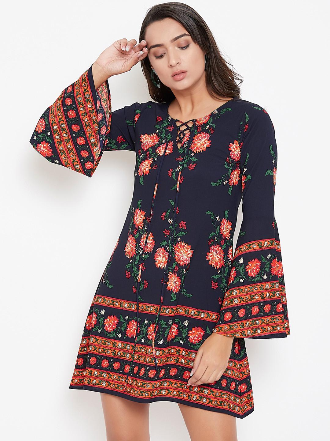 

Berrylush Women Navy Blue & Orange Printed A-Line Dress