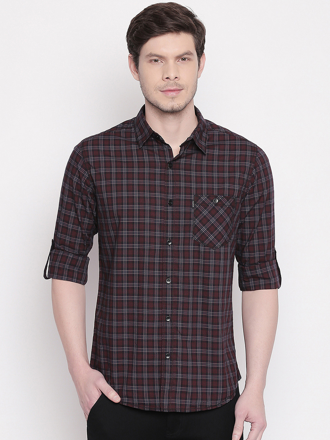 

Mufti Men Burgundy & Black Slim Fit Checked Casual Shirt