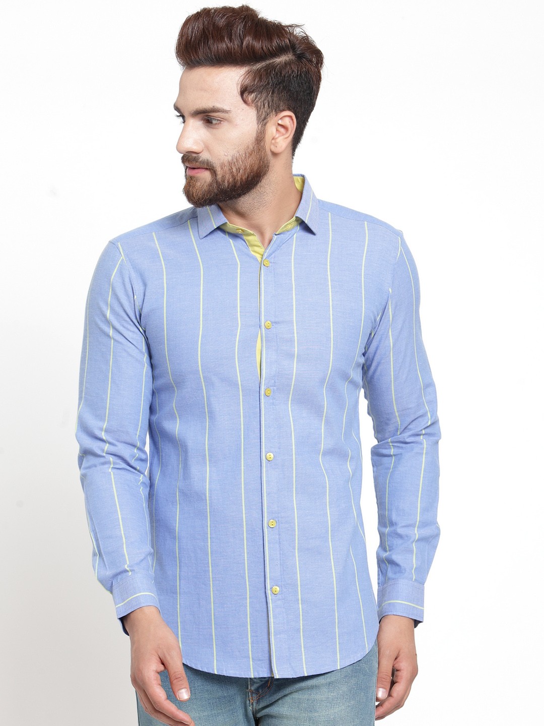 

Purple State Men Blue & Lime Green Striped Slim Fit Casual Shirt