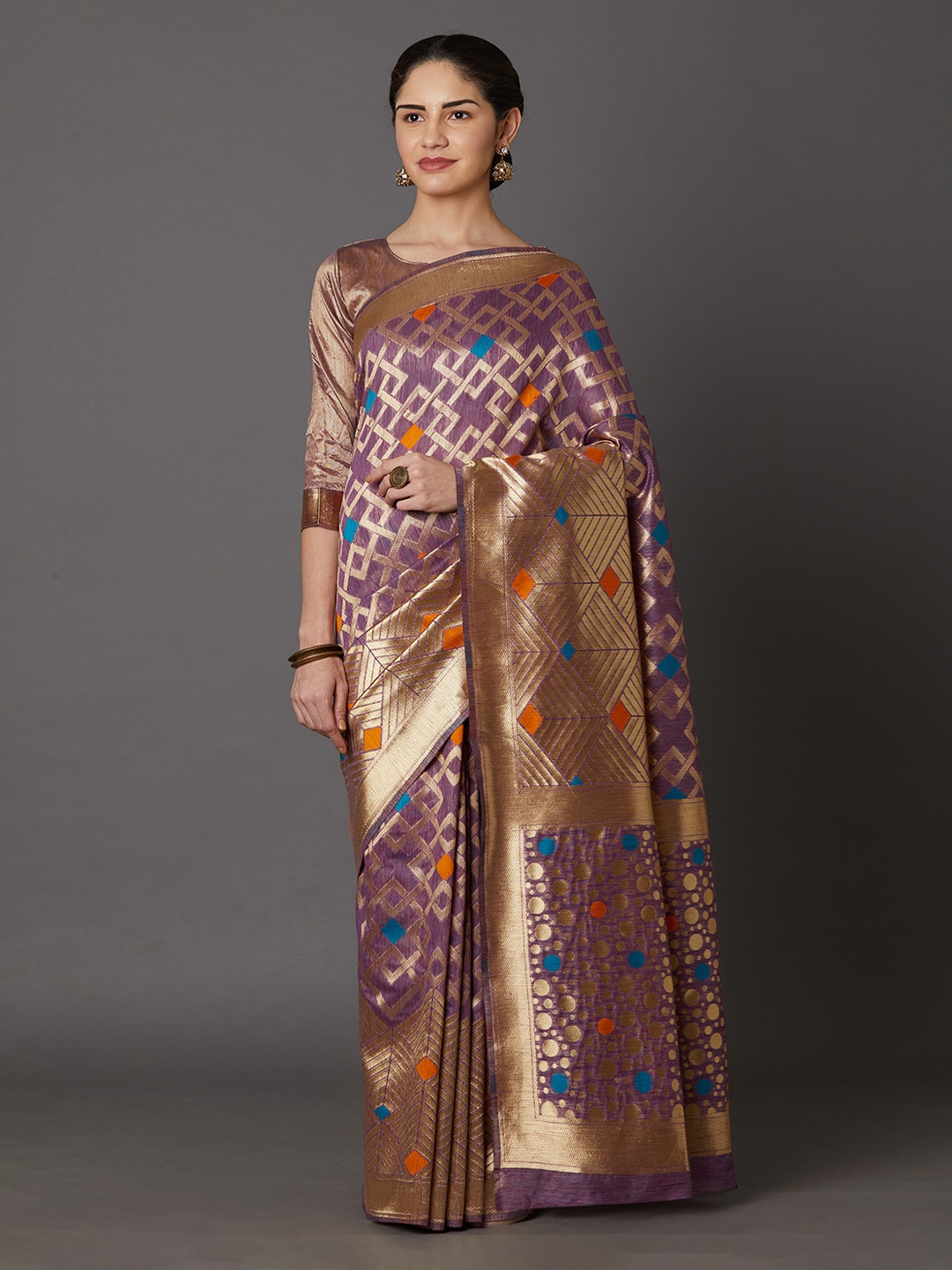 

Mitera Lavender & Gold-Coloured Silk Blend Woven Design Kanjeevaram Saree