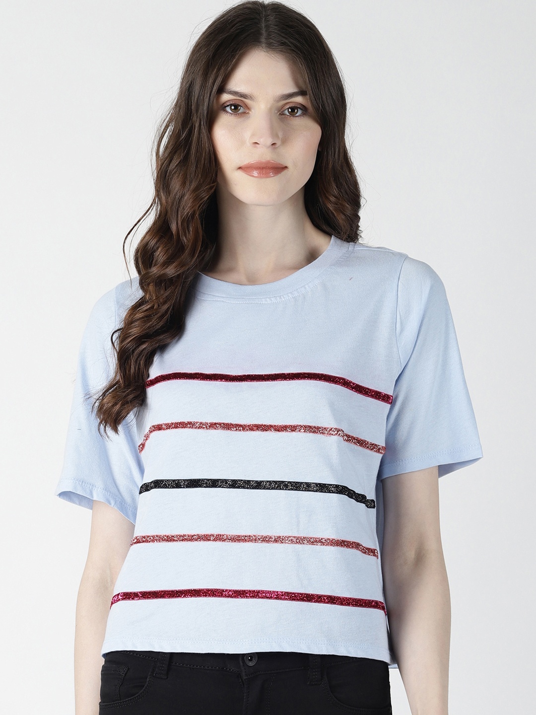 

AARA Women Blue Striped Round Neck T-shirt