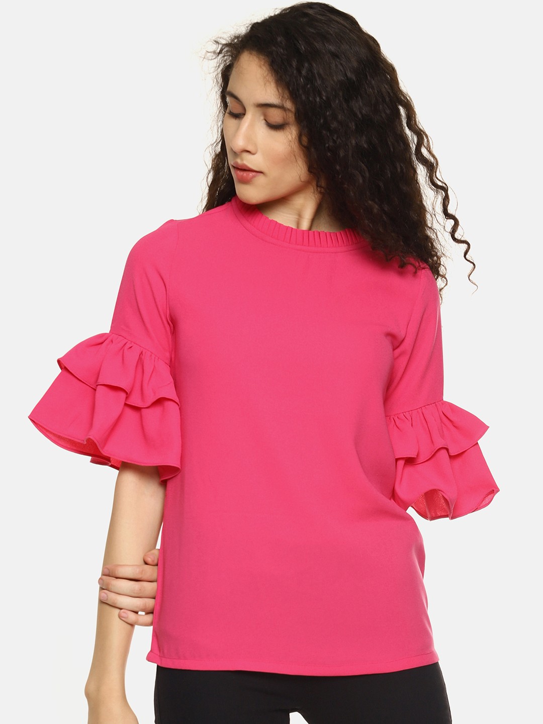 

AARA Women Pink Solid Bell Sleeves Top