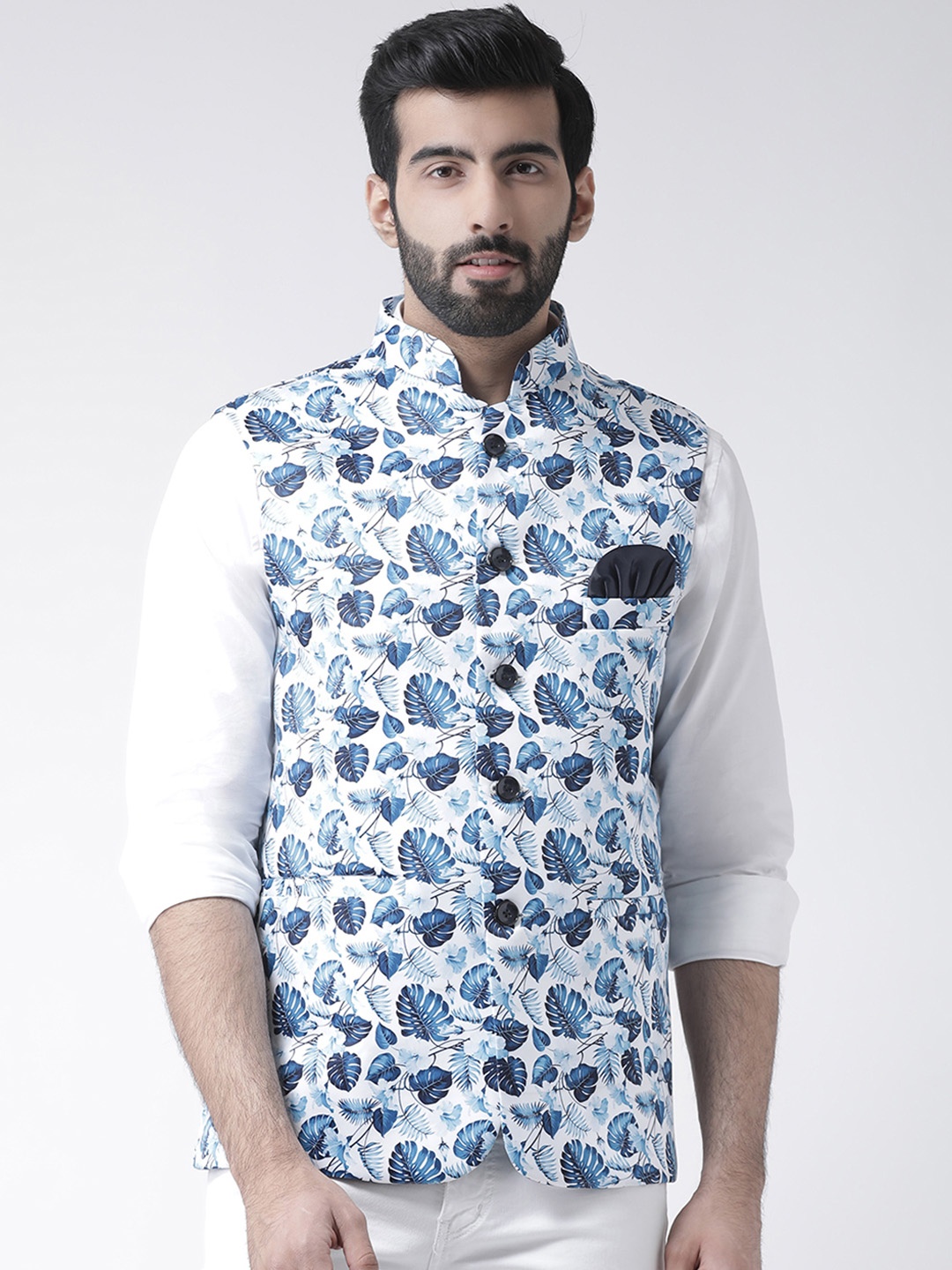 

Hangup Men Blue & White Printed Festive Nehru Jacket