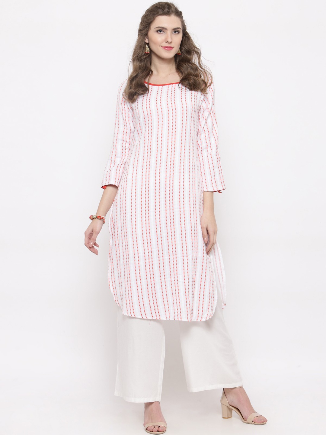 

Sera Women White & Orange Striped Kurti with Palazzos
