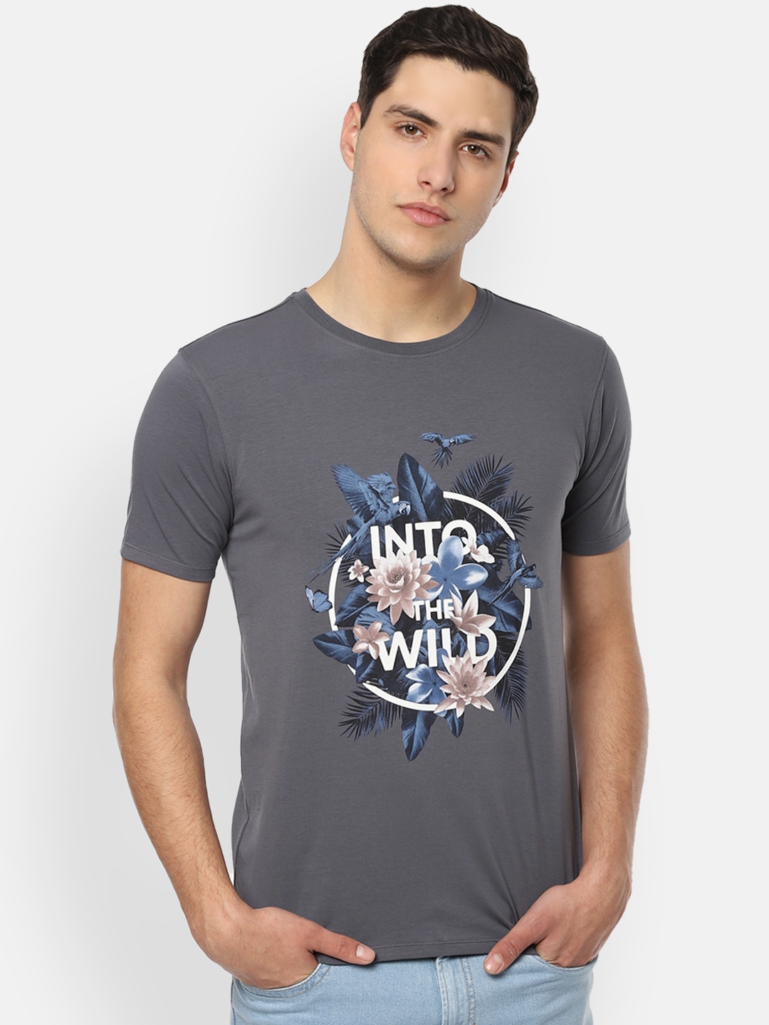 

V Dot Men Grey Printed Slim Fit Round Neck T-shirt