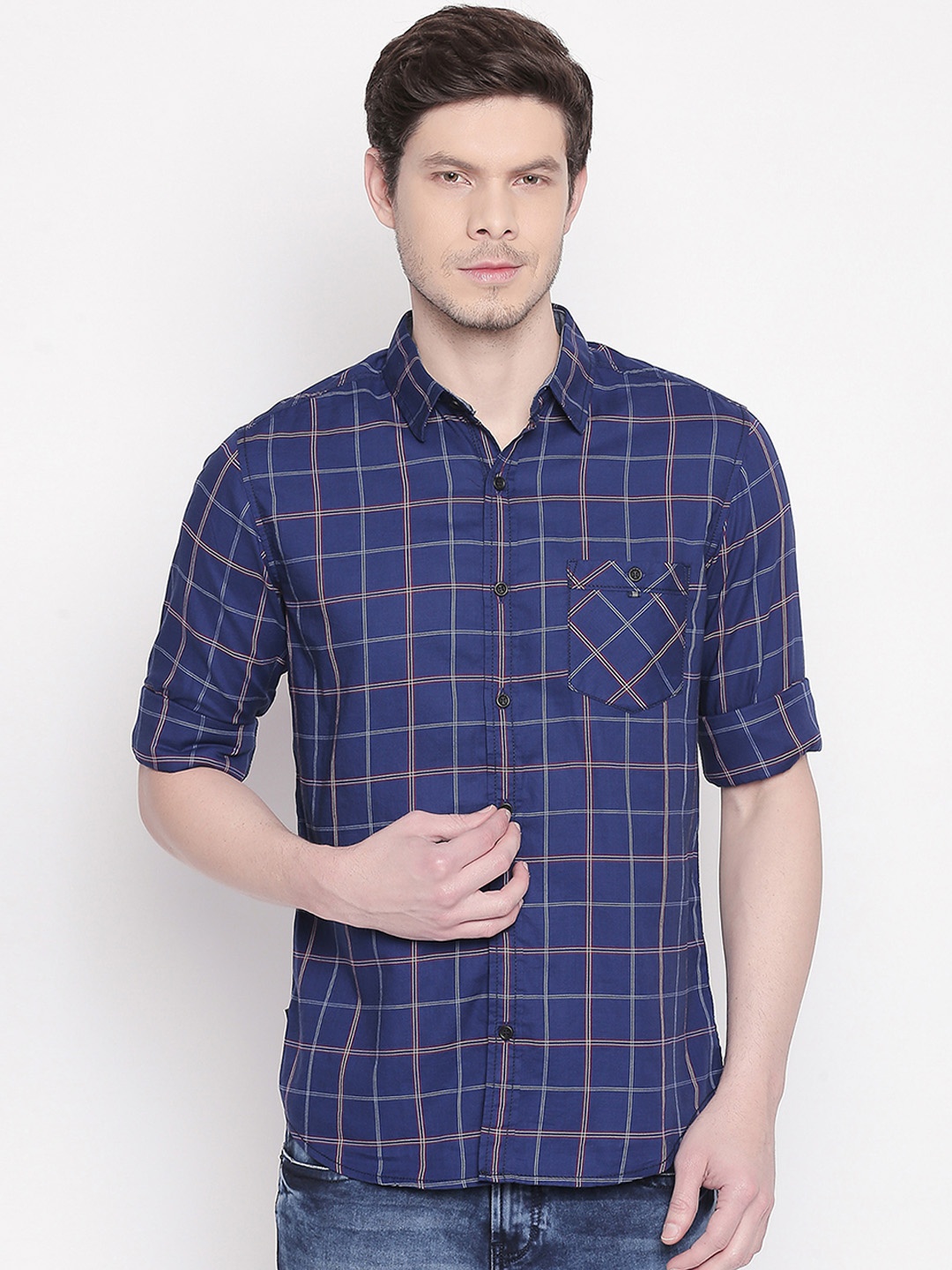 

Mufti Men Blue & Off-White Slim Fit Checked Casual Shirt