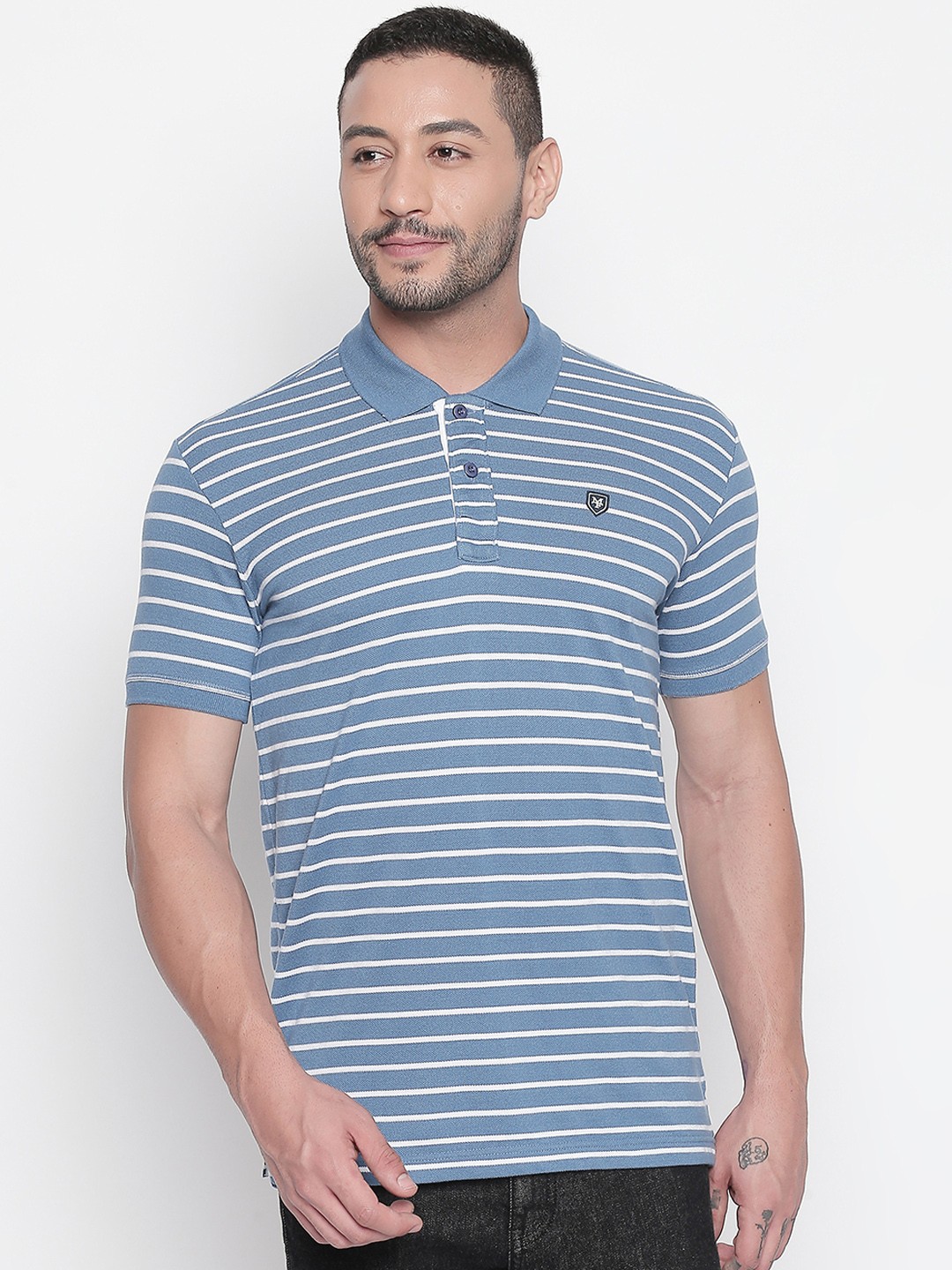 

Mufti Men Blue Striped Polo Collar T-shirt
