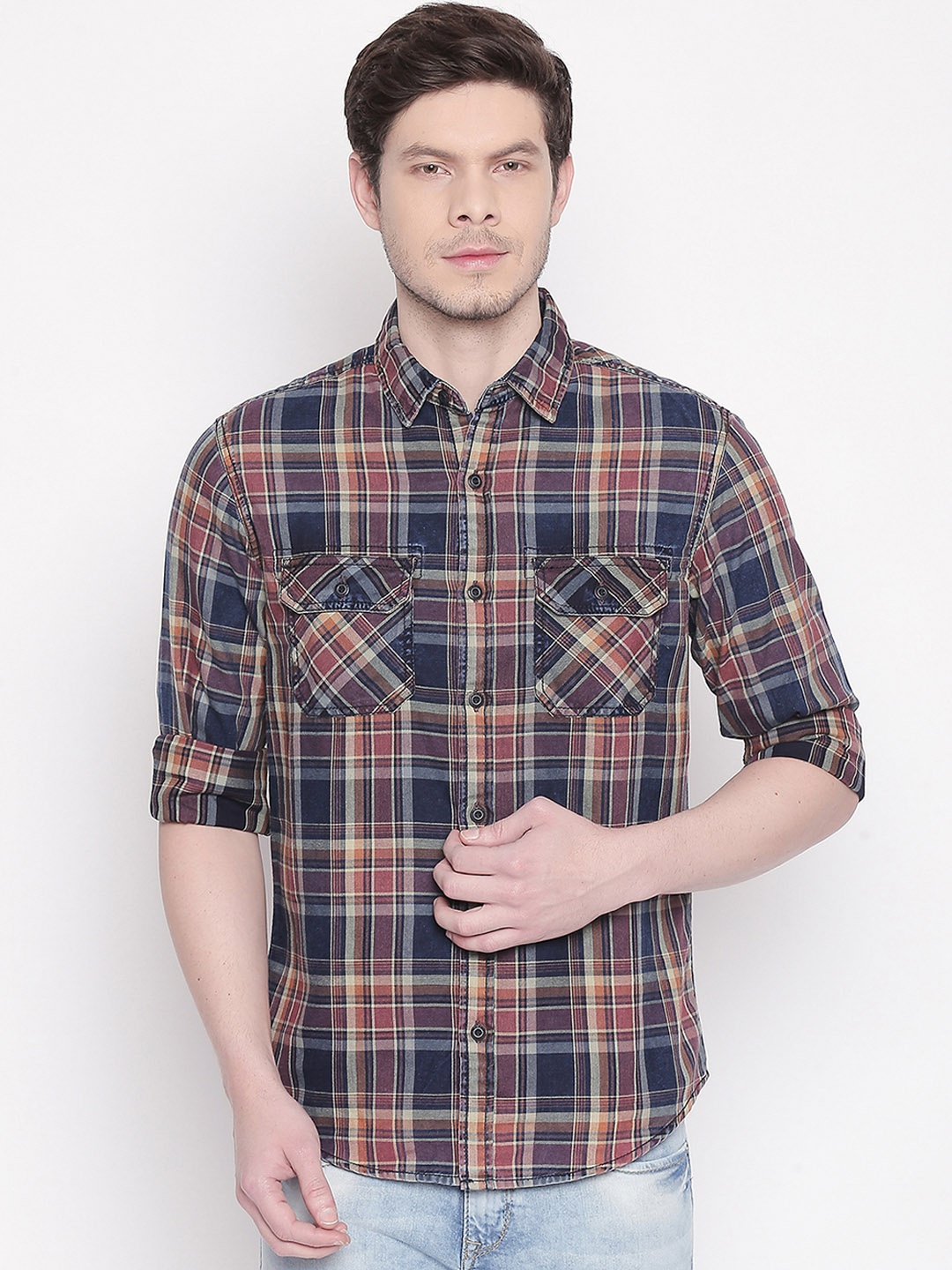 

Mufti Men Blue & Rust Slim Fit Checked Casual Shirt