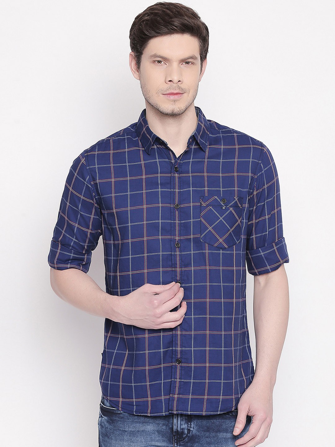 

Mufti Men Blue & Off-White Slim Fit Checked Casual Shirt