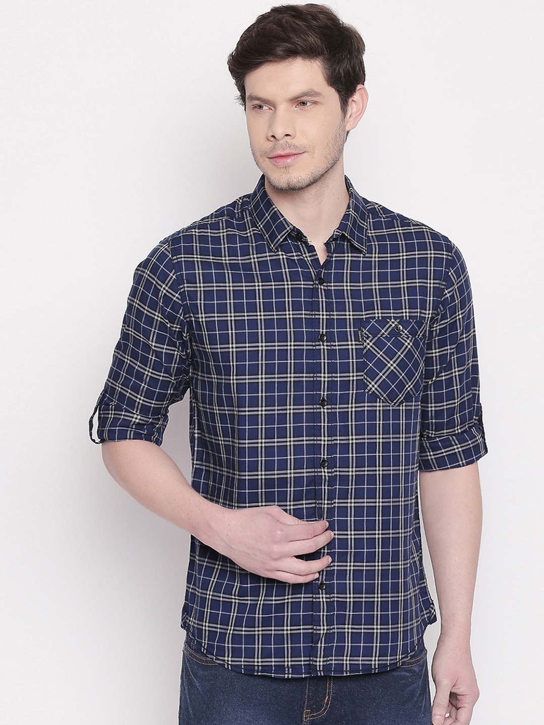 

Mufti Men Navy Blue & Beige Slim Fit Checked Casual Shirt