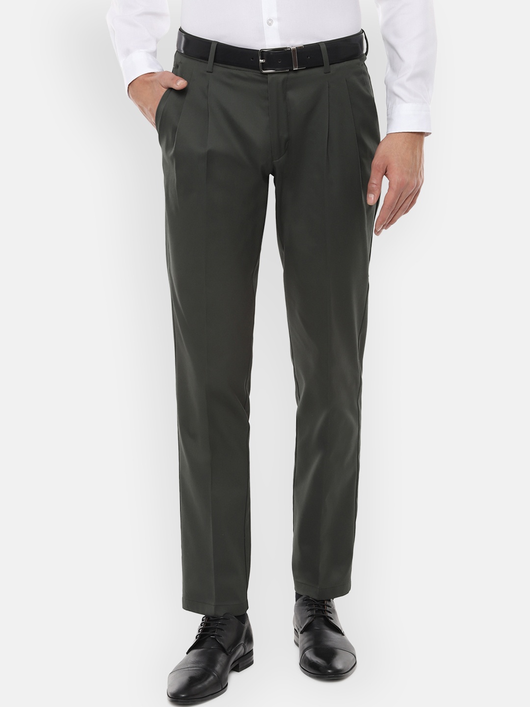 

Louis Philippe Men Dark Olive Green Regular Fit Solid Formal Trousers