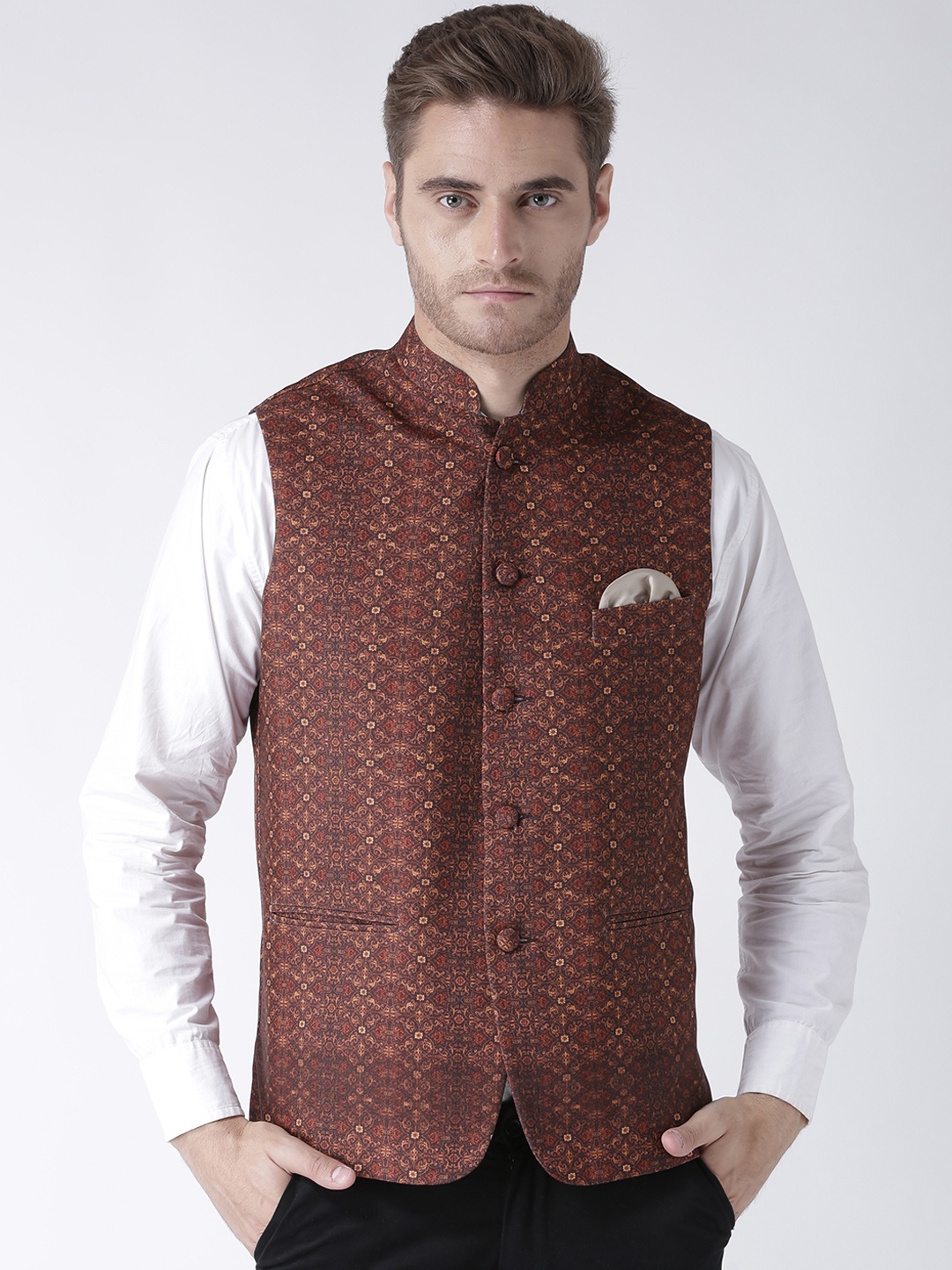 

Hangup Men Brown Printed Festive Nehru Jacket