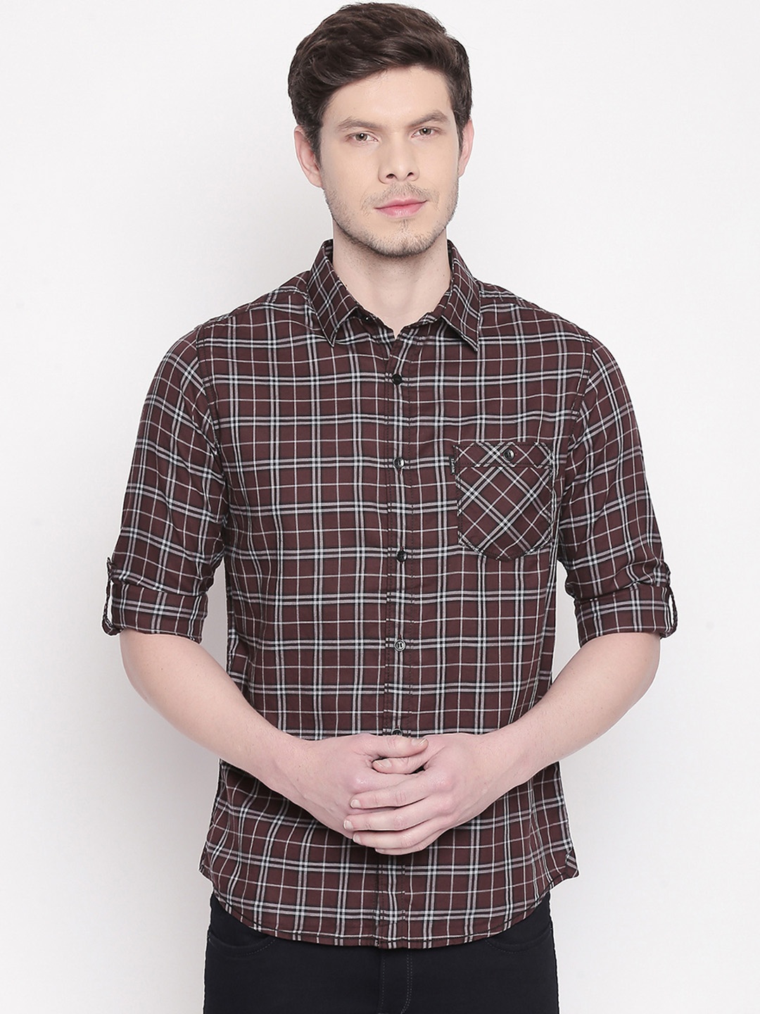 

Mufti Men Brown & Off-White Checked Slim Fit Casual Shirt
