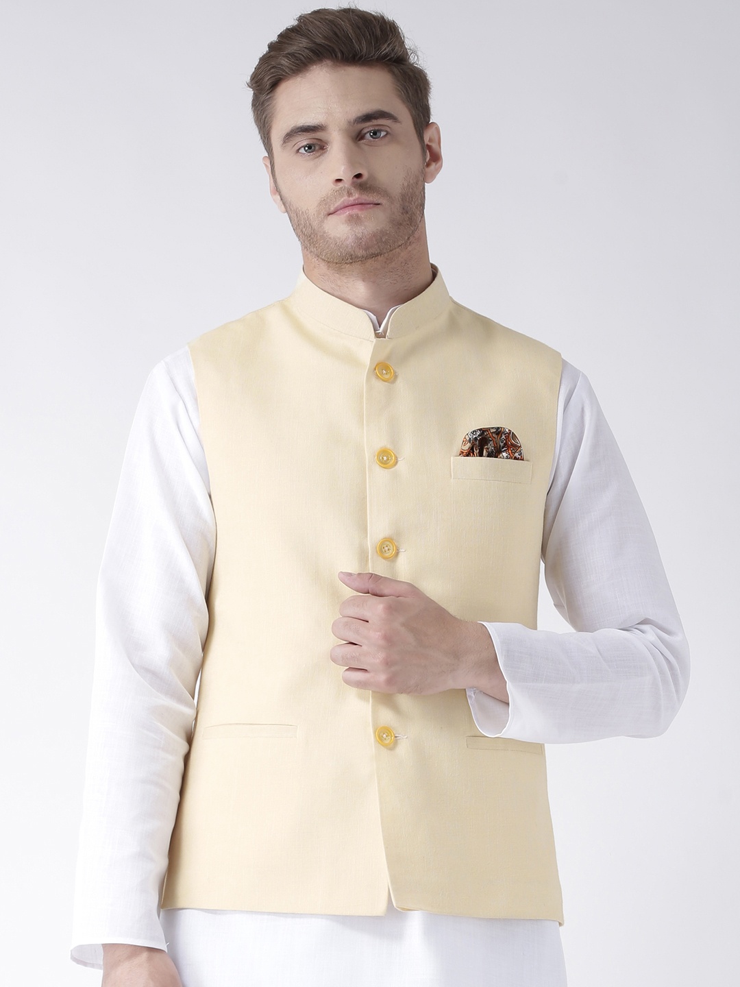 

Hangup Men Yellow Solid Nehru Jacket