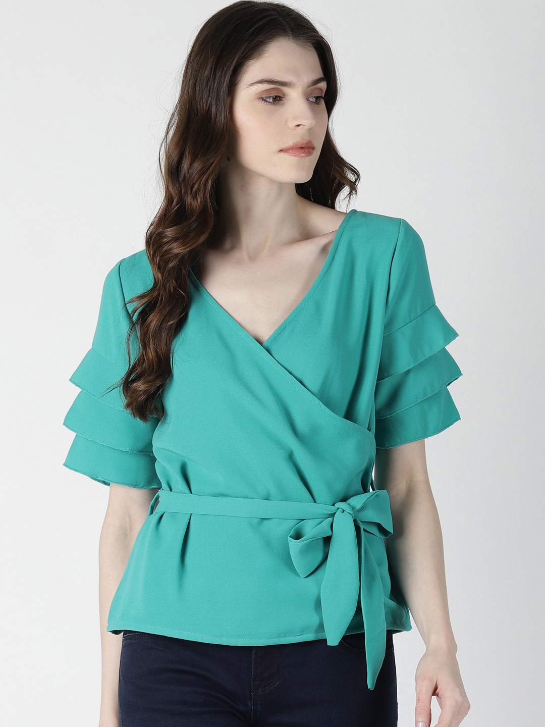 

AARA Women Green Solid Wrap Top