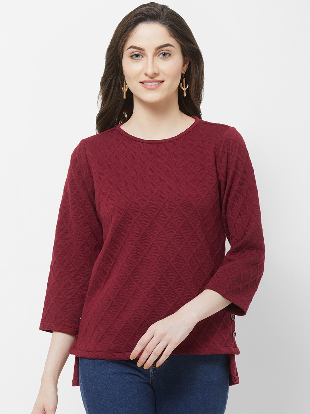 

109F Women Maroon Self Design High-Low Top