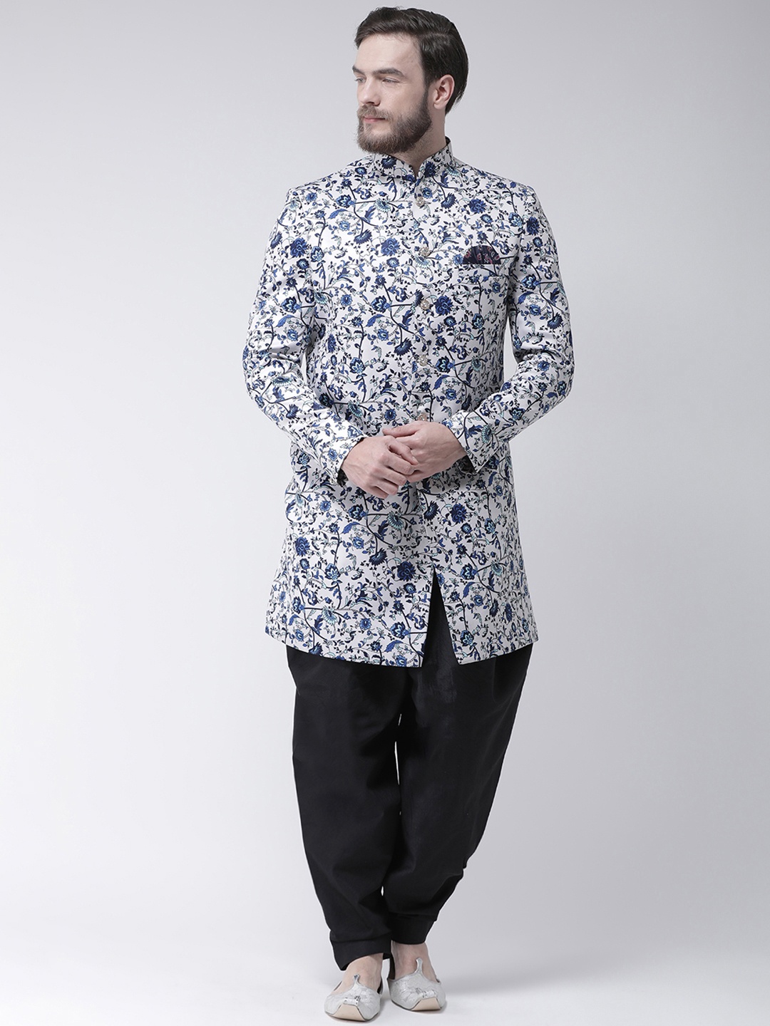

Hangup Men Blue & White Floral-Printed Sherwani With Dhotis