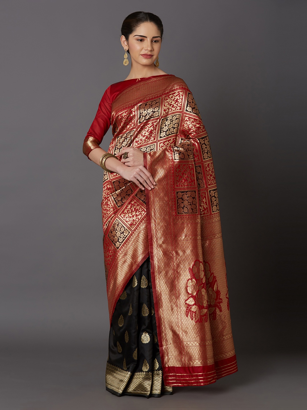 

Mitera Red & Gold-Toned Silk Blend Woven Design Kanjeevaram Saree