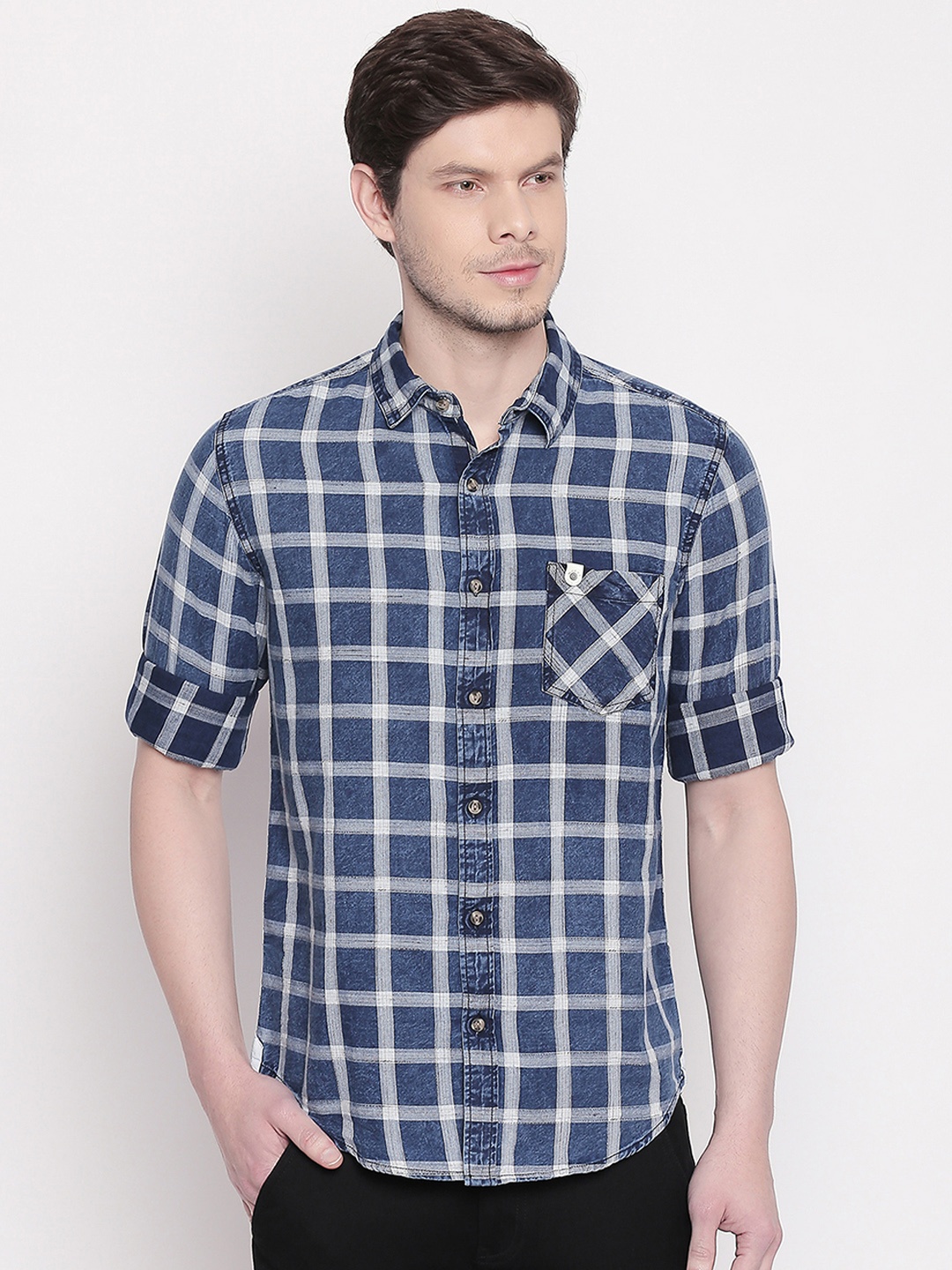 

Mufti Men Blue & White Slim Fit Checked Casual Shirt