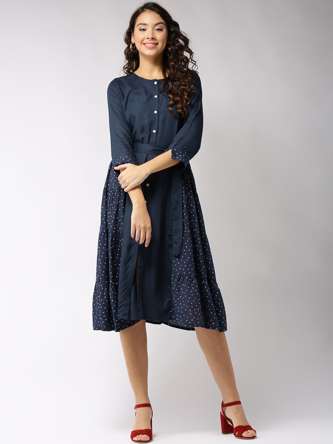 

Sera Women Navy Blue Polka Dots A-Line Dress