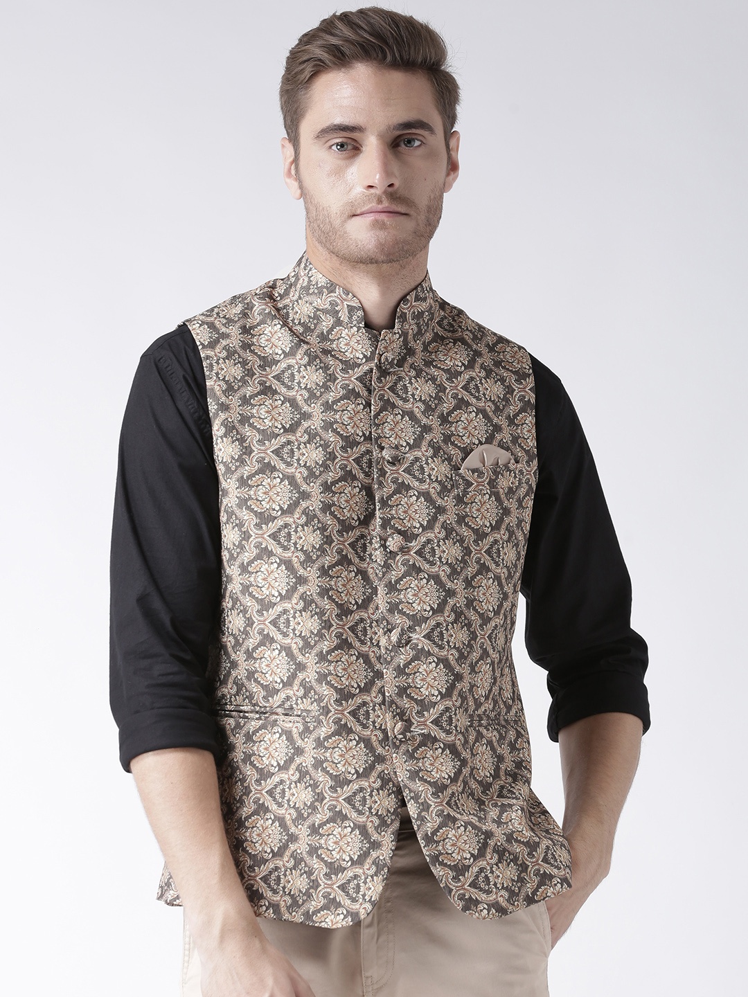 

Hangup Men Brown & Beige Printed Festive Nehru Jacket