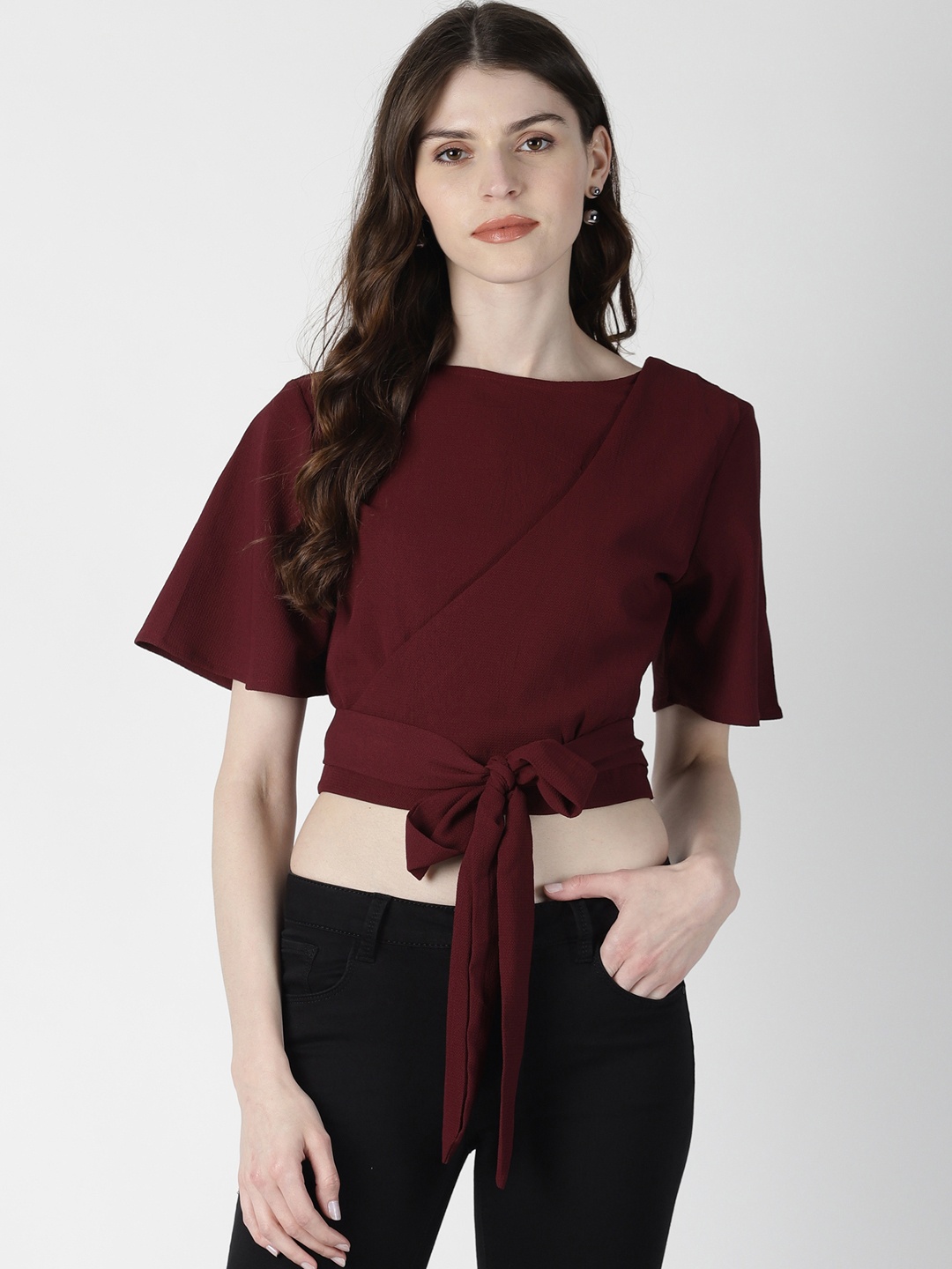 

AARA Women Maroon Solid Styled Back Crop Top