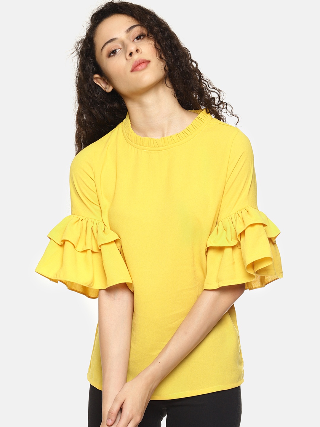 AARA Women Yellow Solid Bell Sleeves Top