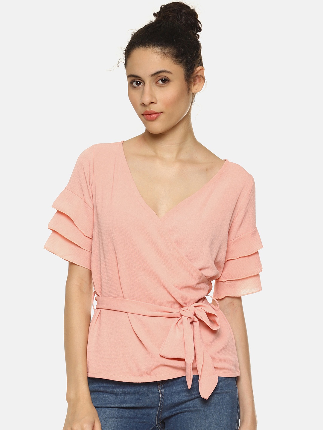 AARA Women Pink Solid Wrap Top
