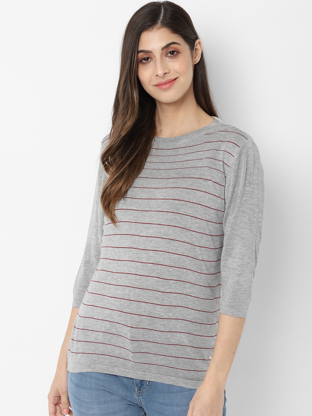 Allen Solly Woman Grey Striped Knitted Top