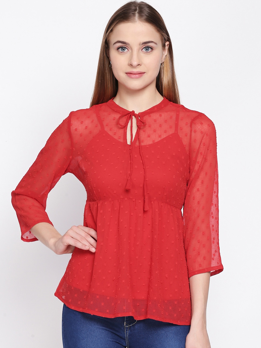 

Honey by Pantaloons Women Red Self Design Cinched Waist Top