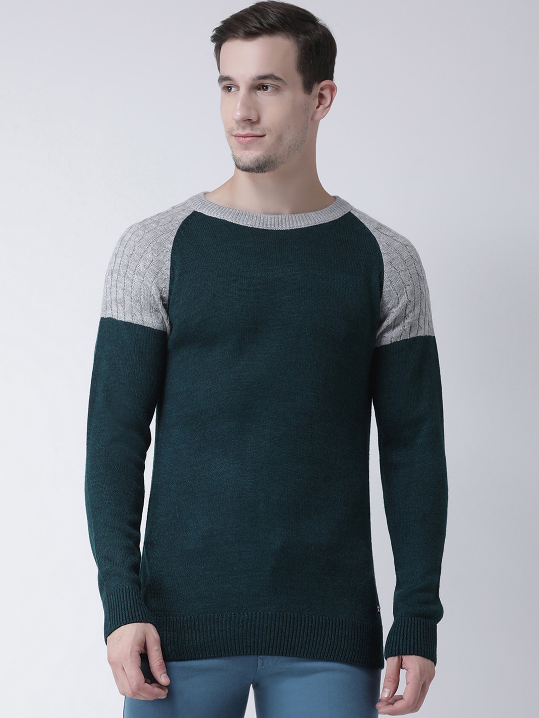 

Club York Men Teal Green & Grey Melange Solid Pullover Sweater