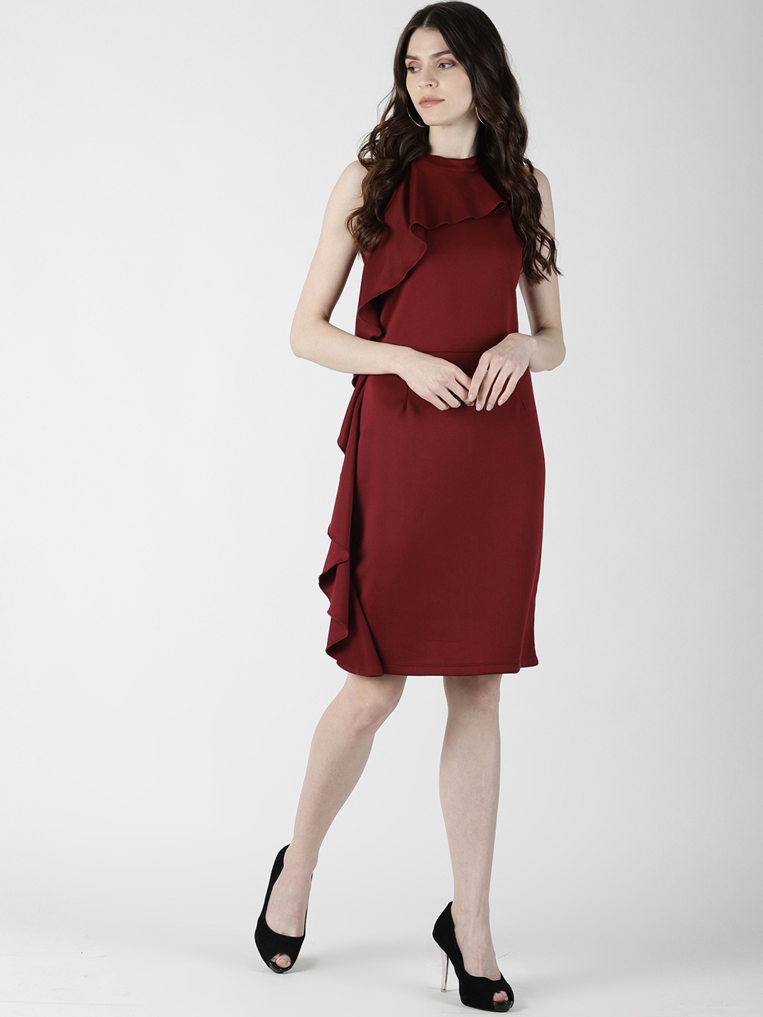 

AARA Women Burgundy Solid Sheath Ruffle Dress