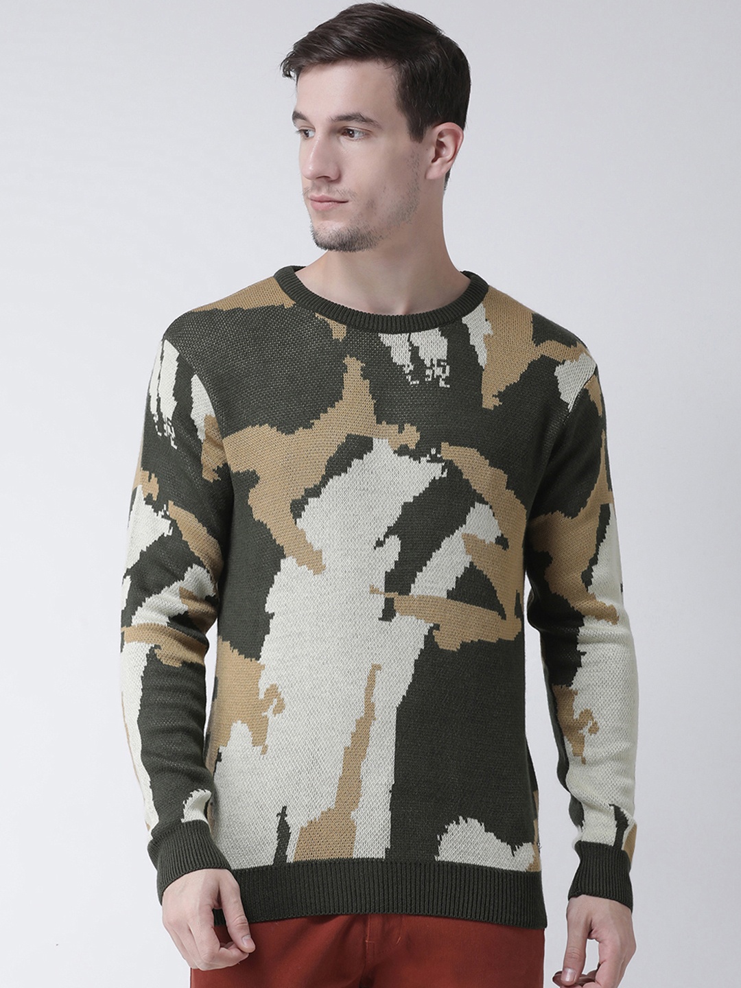 

Club York Men Olive Green & Off White Self Design Pullover Sweater