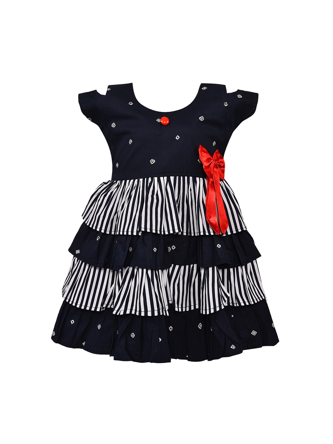 Wish Karo Girls Navy Blue Striped Fit and Flare Dress