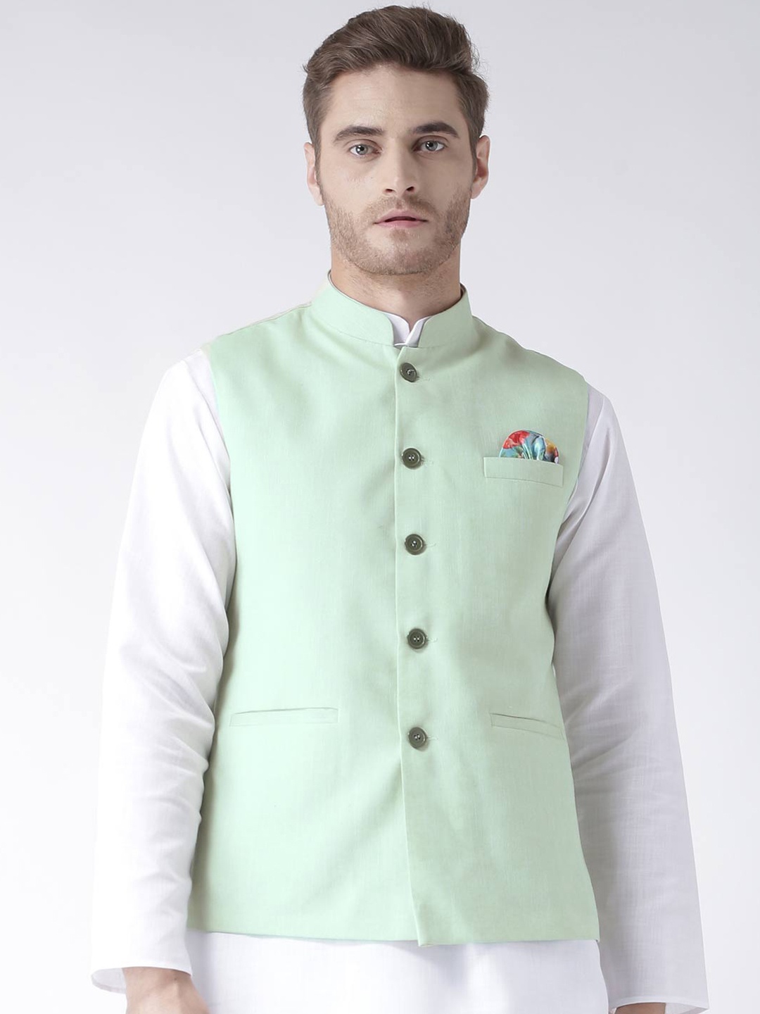 

Hangup Men Green Solid Festive Nehru Jacket