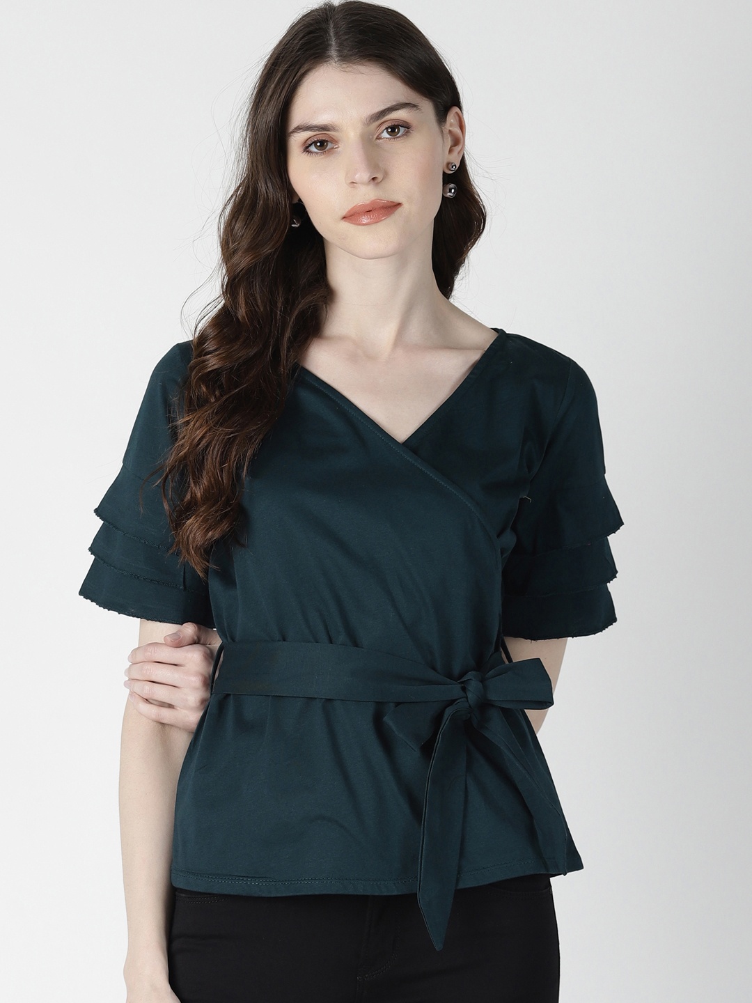 

AARA Women Green Solid Wrap Top